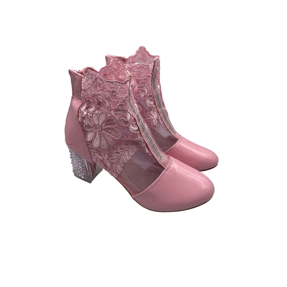 Pink‎ Rhinestone and Lace Mesh Ankle Block Heels Size 42